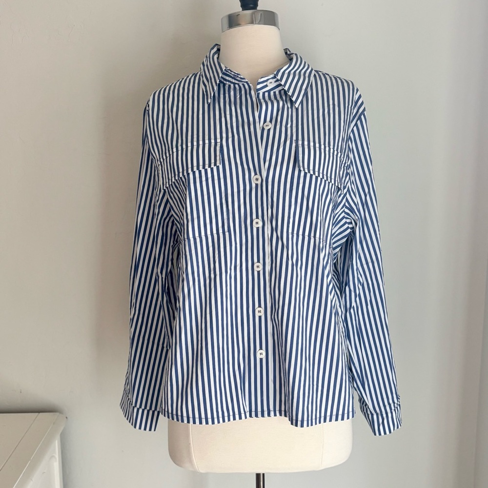 Blue & White Stripe Cotton Blend Button Down Shirt with Sheer Blue Inset Back, L